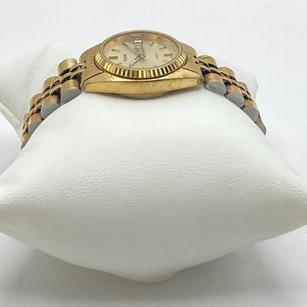 Vtg Pulsar Women's Watch 24mm Gold Tone V248-0020 Day Date New Battery SMALL 6